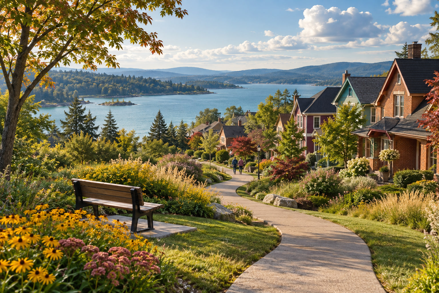 An imagined lakeside neighbourhood with homes and people.