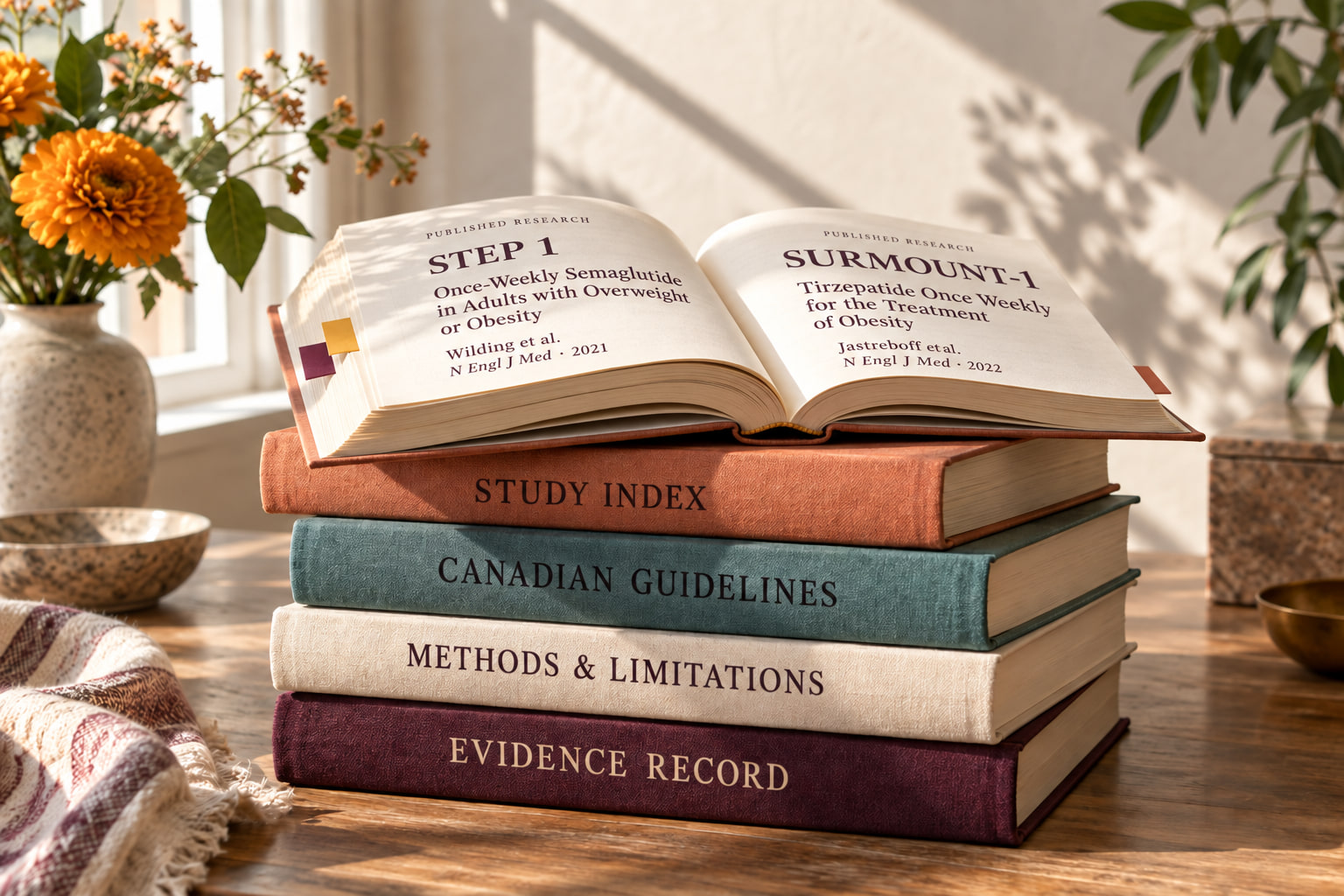 An open notebook with STEP 1 and SURMOUNT-1 titles and citations on a stack of labelled reference books.