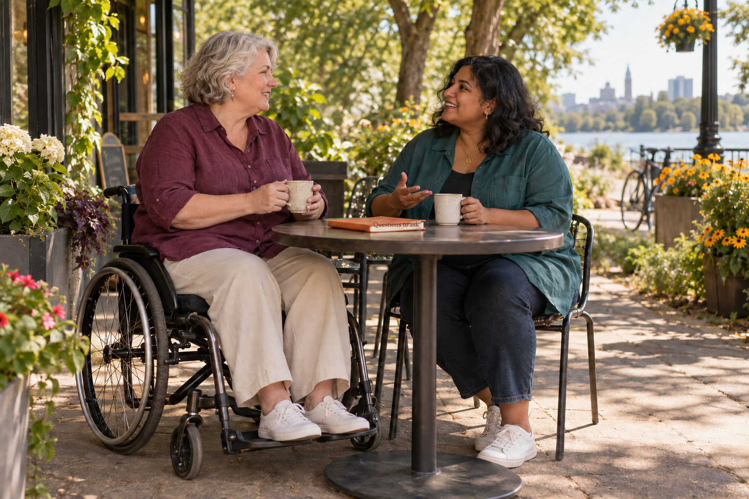 Two friends talking at a café beside a Questions to ask notebook; one friend uses a wheelchair.