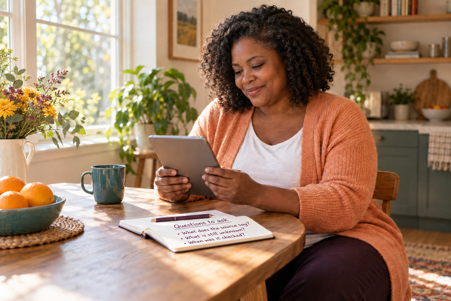 An adult reading a tablet at home beside a notebook of source questions.